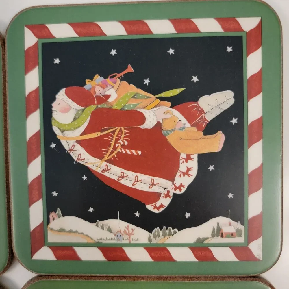 Pimpernel CANDY STICKS 6 Set Vintage Christmas Themed Cork Backed Wood Coasters